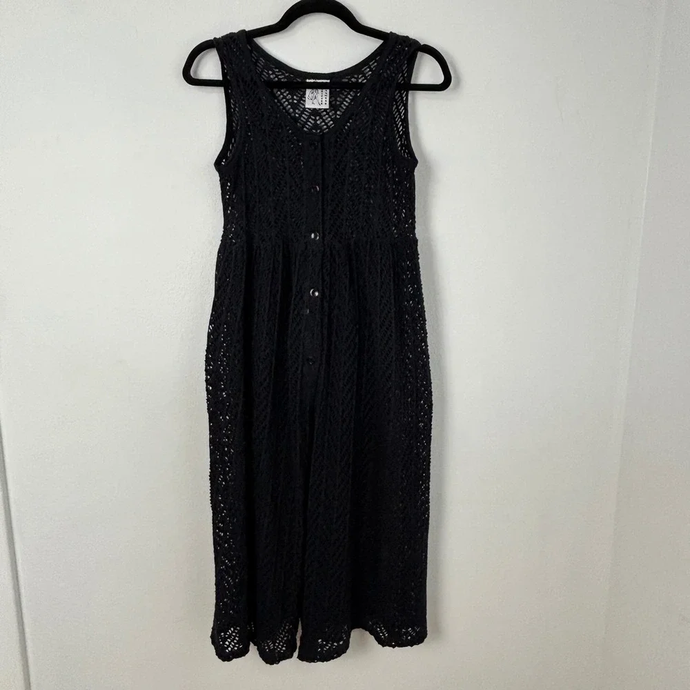 Black Crochet Knit Button-Front Midi Dress Boho Dark Cottagecore Duster Women M